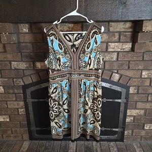 Perceptions Turquoise and Brown V-Neck Sleeveless Mini Dress